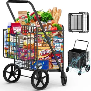 450lbs Capacity Shopping Cart,Upgrade Huge Grocery Cart on Wheels,Heavy Duty Foldable Utility Shopping Carts with Double Basket and 360 Rolling Swivel Wheels for Groceries Laundry Transport 1