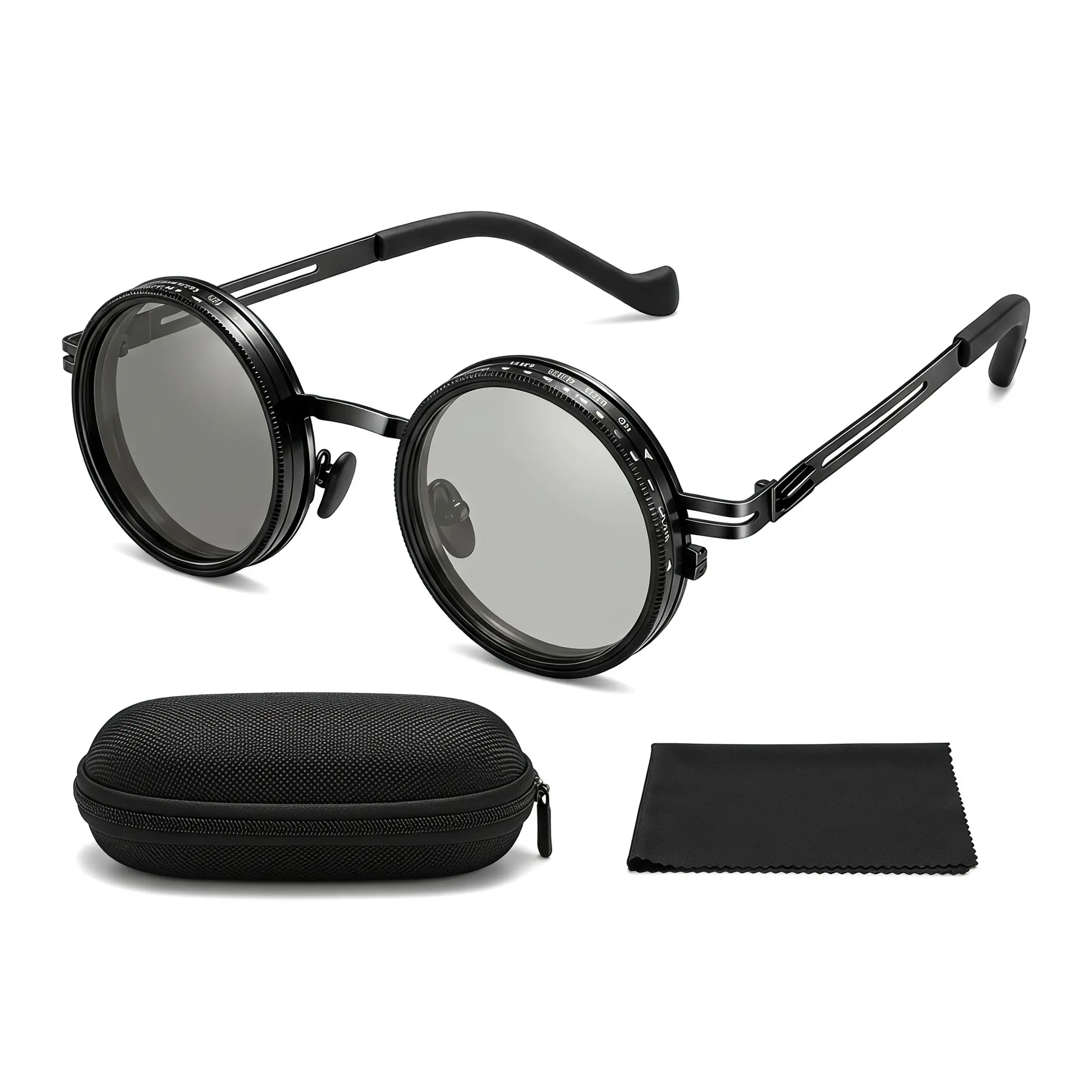 Vintage Round Adjustable Diopter Reading Sunglasses, Steampunk Metal Frame Focusable Myopia Glasses with Portable Storage Case & Cleaning Cloth for Outdoor Driving Fishing