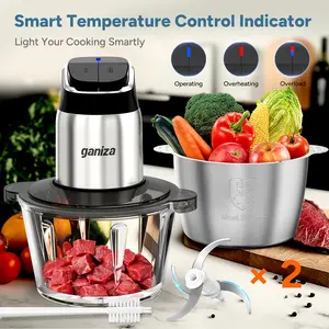 Ganiza Food Processor with 8 Cup Glass Bowls & 8 Cup Stainless Steel 2-Speed Food Chopper Meat Grinder  Upgraded Button & Smart Overheat Protection Light - Includes Clean Brush 2 Sets of Blades Kitchen Vegetable Slicer Vegetable Cutter Kitchen Appliances