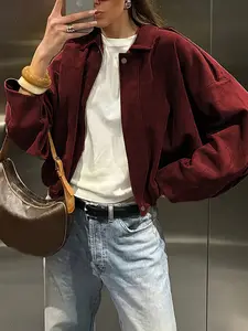 Women's suede leather jacket, dark red faux leather flight jacket, bomber jacket, oversized batwing sleeve coat, Christmas and Valentine's Day coats, casual sporty style, Y2K retro style, Douyin hit items