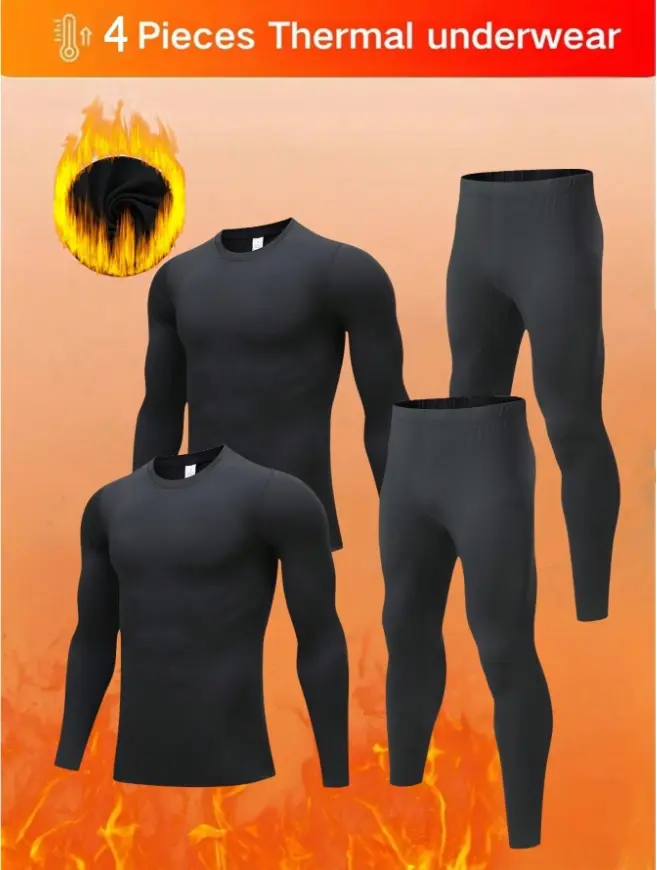 Men's 4 Pcs Thermal Underwear Set Autumn Winter Velvet Round Neck Long Sleeve Home Sleepwear Base Shirt Cold Weather Outdoor Sports Skiing Hunting Equipment - Black