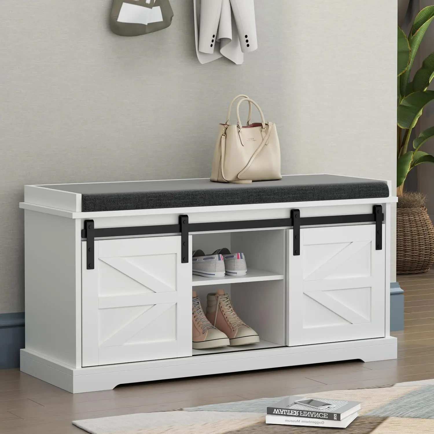 Gyfimoie Farmhouse Shoe Storage Bench with Sliding Barn Door, 2-Tier Farmhouse Entryway Bench with Sliding Barn Door Storage Cabinets & Full Soft Removable Seat Cushion, Silm Shoe Rack with Shoe Cabinet for Entryway, Hallway