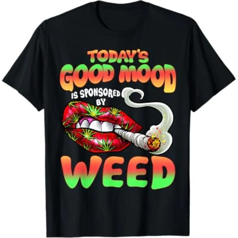 Short Sleeve Print Funny Cool Sexy Lips Weed Cannabis Marijuana Leaves Smoking T-Shirt