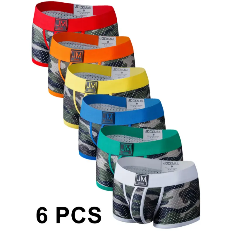1pc 6pcs JOKCMAIL Fashion Camouflage Print Clash Design Mesh Fabric Breathable Boxer Briefs Low Waist Sexy Sports Men's Underwear Fitness Trunks Underpants