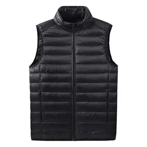 Men's Black Zip-Up White Duck Down Vest - Lightweight, Stand Collar with Pockets