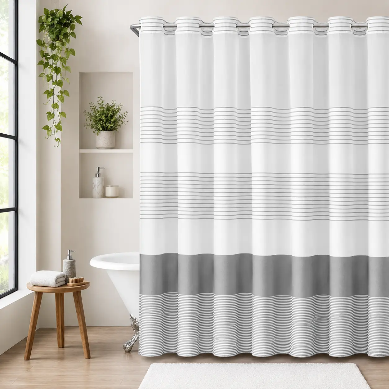 【DealsForYouDays】Gray striped geometric double-layer shower curtain, no-drill hookless design, with sheer top window for light transmission, quick installation and easy removal for cleaning, suitable for hotels, homestays, and modern home bathrooms,72x75