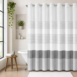 Gray striped geometric double-layer shower curtain, no-drill hookless design, with sheer top window for light transmission, quick installation and easy removal for cleaning, suitable for hotels, homestays, and modern home bathrooms, 72 × 75 in