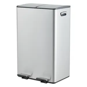 Stainless Steel Double Kitchen Trash Can - 2 x 8 Gal (2 x 30L) Garbage Bin with Dual Removable Buckets, Soft-Close Lid, Hands-Free Pedal