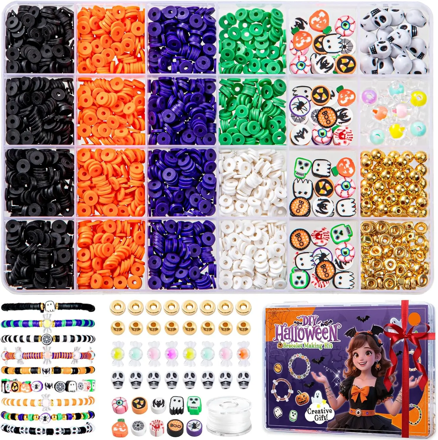 Halloween Clay Beads Friendship Bracelet Making Kit for Party, Jewelry Making Kit with Polymer Clay Charms and Skull for Bracelets, Gifts
