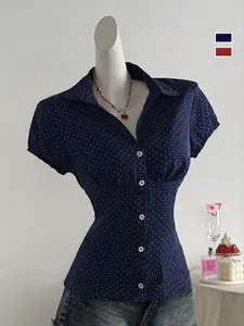 Women's Polka Dot Slim Fit Shirt, Short Sleeve Summer Top, Casual Fashion Blouse for Women, Comfortable Daily Wear