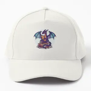 Library T-Shirts Animated Dragon Reads Atop Book Stack Twill Cap Hat - Whimsical and Scholarly Hat Featuring an Animated Dragon Reading Atop a Stack of Books