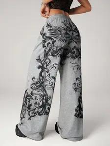 Gothic Wing Scroll Print Gray Baggy Wide Leg Sweatpants | Y2K Streetwear Oversized Women Trousers | High Waist Relaxed Fit | Soft Knit Fabric | Versatile Daily Wear | Perfect for Street Style/Festival/Gothic Fans