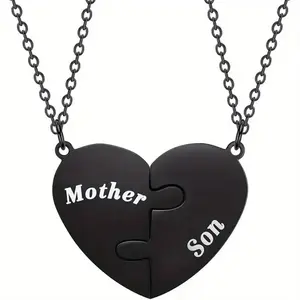 Mother Son Puzzle Heart Necklace Set Matching Pendant Jewelry Gift for Family