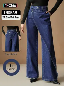 GILIPUR Women's Dark Blue Washed High Waist Wide Leg Jeans, Asymmetric Cross Wrap Waistband Loose Fit Denim Pants with Pockets, Vintage Chic Aesthetic Business Office Commute Daily Wear Trousers for Women TChic