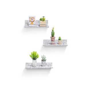 3-Pack 15.7in MDF Marble Grain Light Luxury Floating Wall-Mounted Shelves, Modern Wooden Hanging Picture Ledge with Guardrail, 12lbs Load Capacity Lightweight Decorative Storage Shelf for Nursery, Kitchen, Easy Installation, Home Decoration