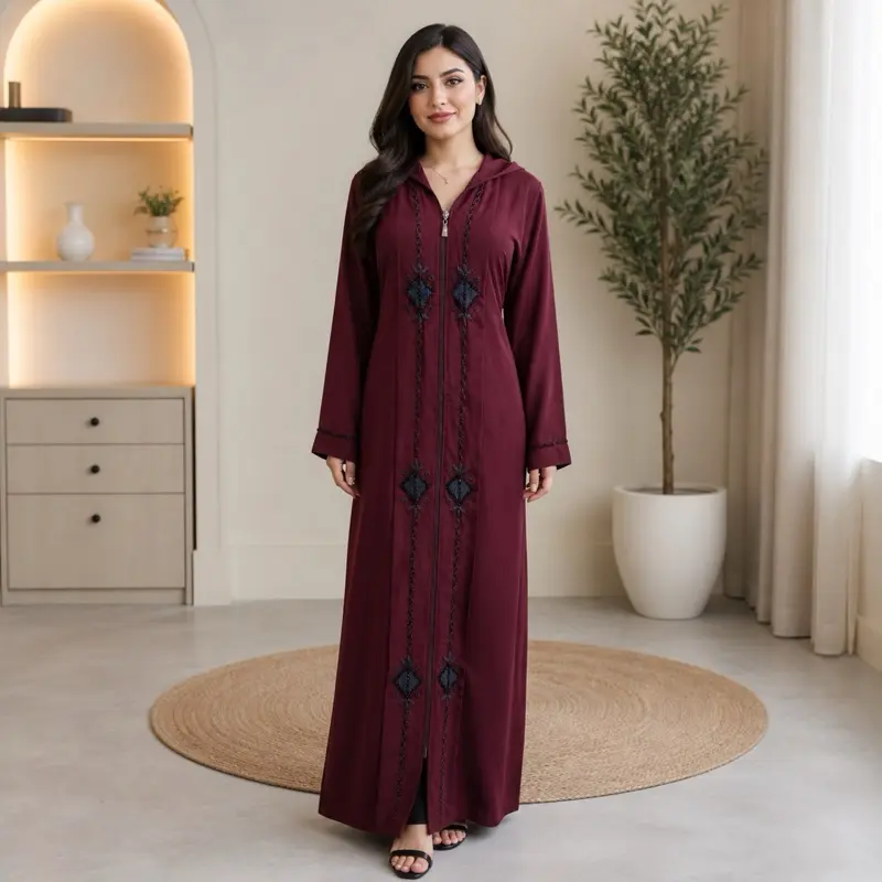 Abaya with Zipper- Fashionable Design in black and maroon Colors Abaya with Zipper- Fashionable Design in black and maroon Colors