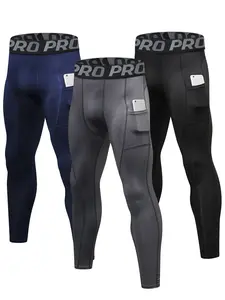 Men's 3-Pack Quick-Dry Sports Compression Pants, Gym Workout Running Basketball Football Underwear with Pockets, All Seasons, Skinny Sportswear