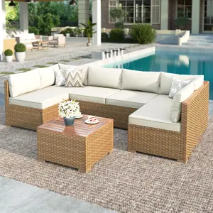 PHI VILLA Wicker Outdoor Patio Furniture Set Patio Chaise Longue Conversation Set, Rattan Sofa Couch with Acacia Wood Coffee Table for Deck Porch and Garden,SpringGlowUp