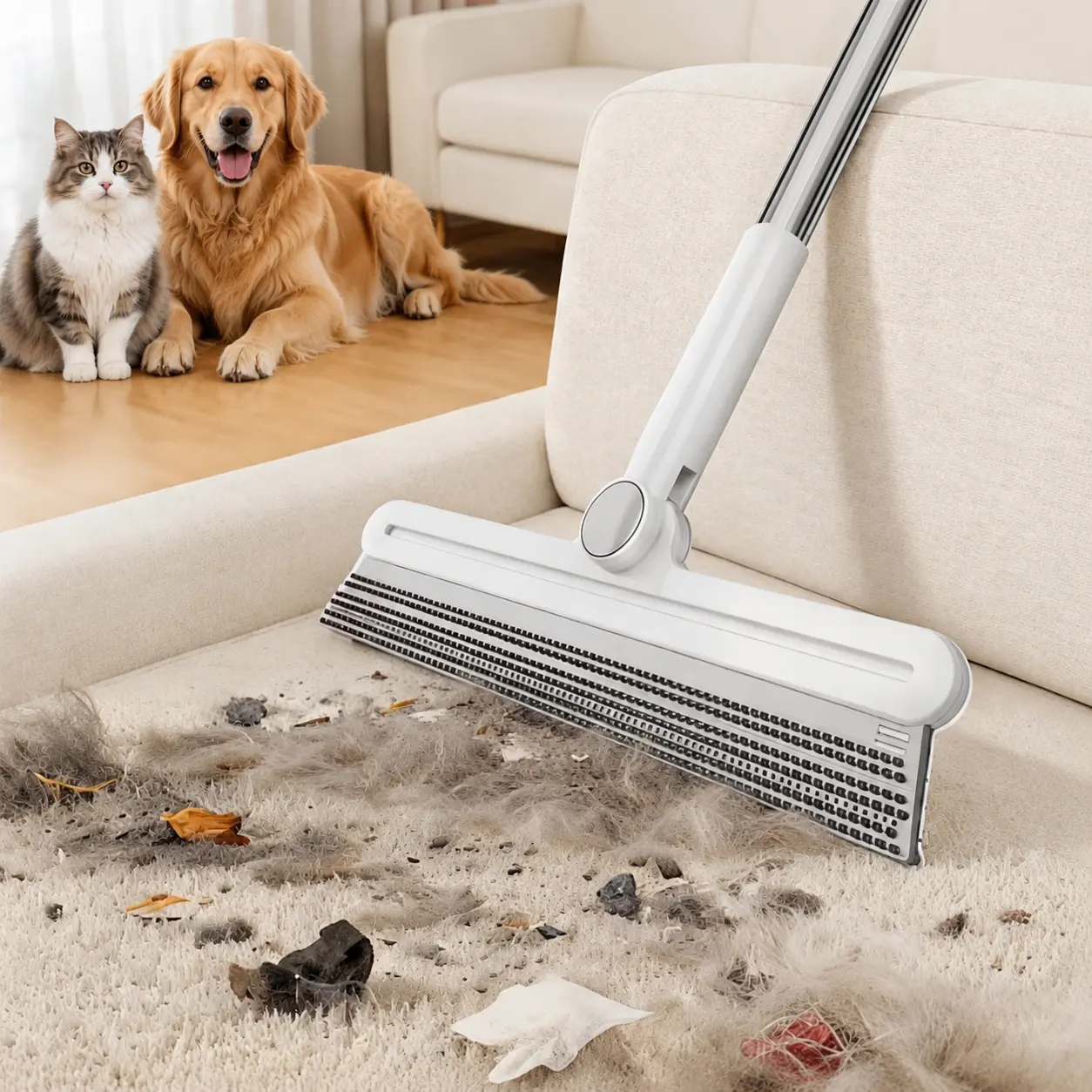 2PCS Silicone Pet Hair Remover Broom Set, Multi-Surface Floor Squeegee Scrubber with Double-Sided Cleaning Head, 180° Rotating Design for Carpet, Floors, Beds & Pet Areas