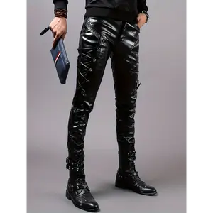 Men'S Street Style Faux Leather Pants, Fall/Winter Skinny Fit, Solid Color, Detail, Lace-Up, Stretch Fabric, 50% Polyurethane Polyester, Punk Motorcycle