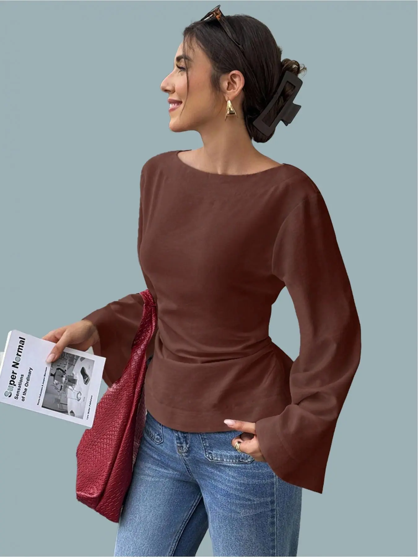Casual Loose Fit Basic Brown Long Sleeve Blouse, Back Tie Design, Pure Color Women's Top, Comfortable and Stylish, Perfect for Everyday Wear, Casual Blouses, Womenswear