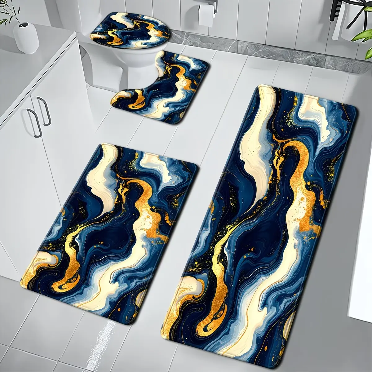 DearTex 4Pcs Marble Pattern Bathroom Mat Set, Super Absorbent Non-Slip Bathroom Floor Rugs, Washable Soft Shower Bath Rug, Contour Toilet Base Mat & Toilet Lid Cover, Elegant Blue Gold Bathroom Decor
