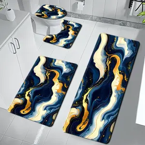 DearTex 4Pcs Marble Pattern Bathroom Mat Set, Super Absorbent Non-Slip Bathroom Floor Rugs, Washable Soft Shower Bath Rug, Contour Toilet Base Mat & Toilet Lid Cover, Elegant Blue Gold Bathroom Decor