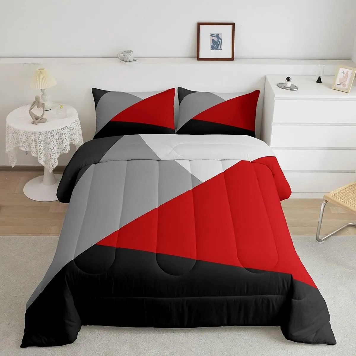 Feelyou Red Black Gray Bedroom Bedding Set - Soft Decorative Patchwork Geometric Triangle Print Down Comforter Set with Quilt Duvet Insert, Decorative Bedding Set
