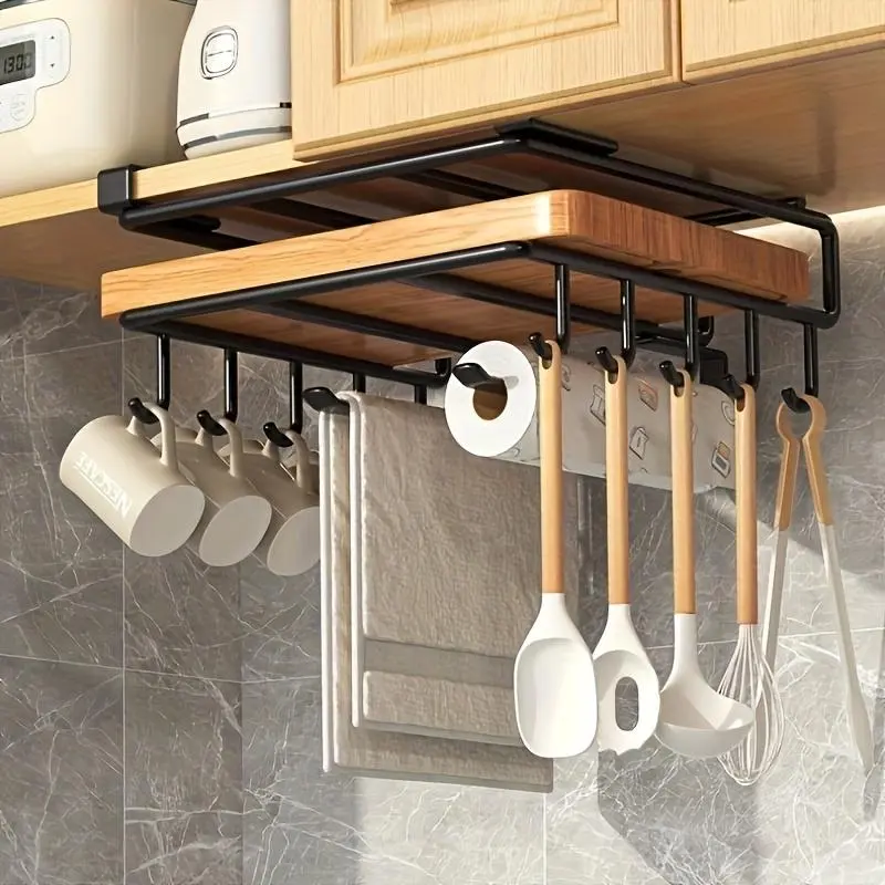 Stainless Steel No-Drill Under-Cabinet Hanging Rack for Kitchen Storage - Organizer Hooks, Rails, Board Holder, Paper Towel Holder, Pot Lid Organizer, Multi-Hooks
