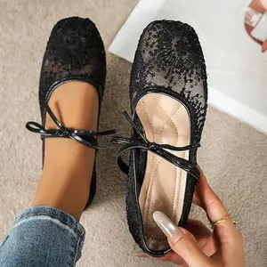 Women’s Embroidered Mesh Ballet Flats - Square-Toe, Lightweight, Comfortable, Breathable Polyester Fiber Shoe for Summer Casual Wear, Parties | Stylish Footwear for All-Day Use