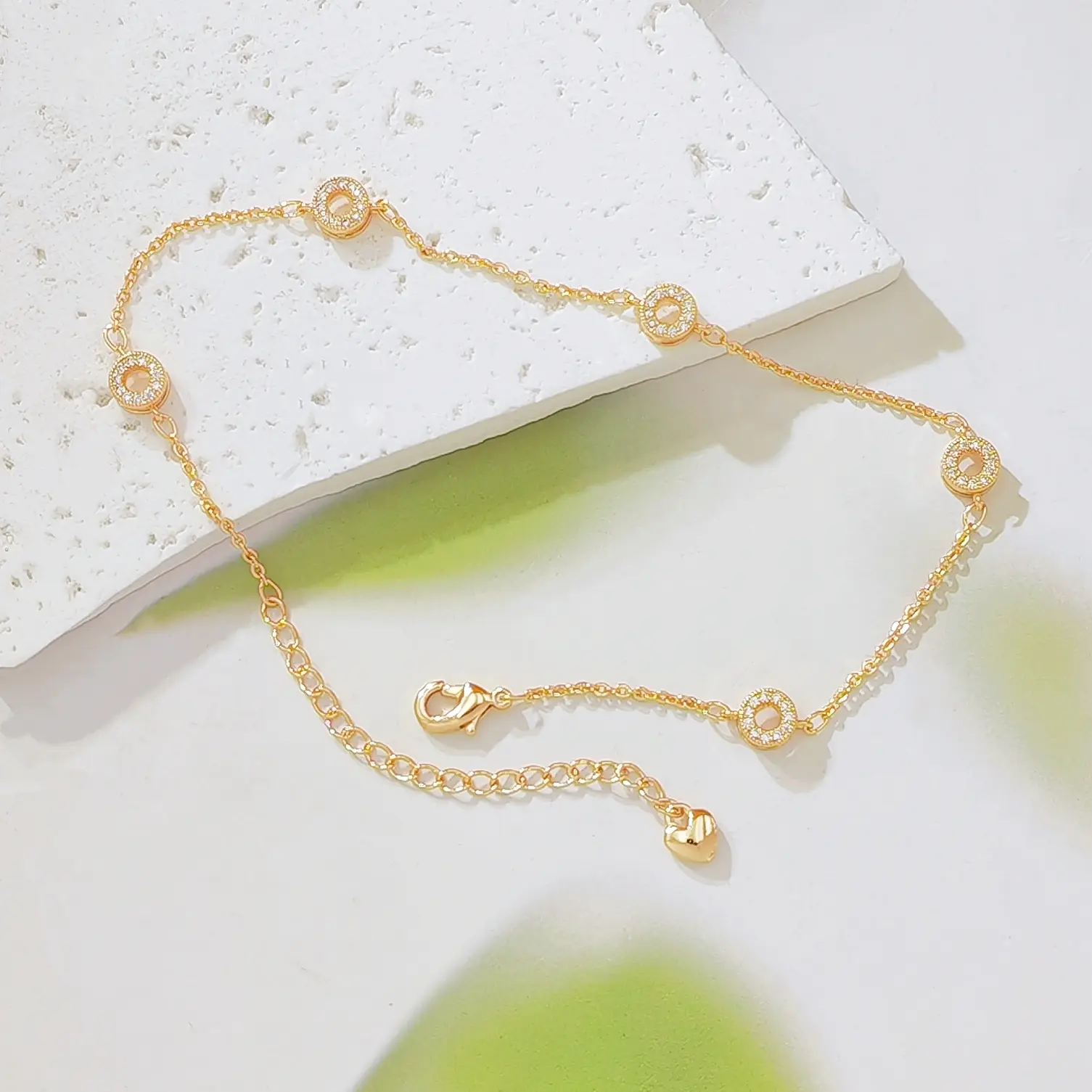 Women's Elegant 14K Gold-Plated Cubic Zirconia Circle Ankle Bracelet, Dainty Station Adjustable Chain Anklet, Wedding Daily Wear Foot Jewelry Gift for Her