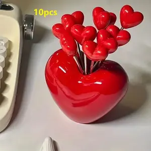 Creative Heart Shaped Forks, 10pcs/set Stainless Steel Cake Forks with Holder, Tableware Set, Party Favors, Wedding Party Supplies, Kitchen Accessories