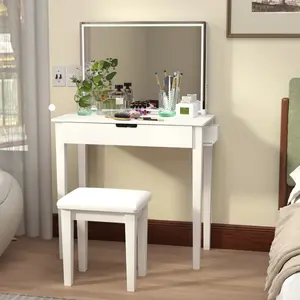 [Bellemave]Vanity Desk Set With Mirror For Makeup, Makeup Table With 1 Drawer Storage Cosmetics, Vanity Dressing Table For Bedroom With Dimmable LED Light With Stool,White Finish