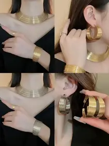 Metal multi-layer circular hoop earrings, rings, bracelets, necklaces, set for women, fashionable and exaggerated, European and American style 4-piece set Fashion Jewelry Set
