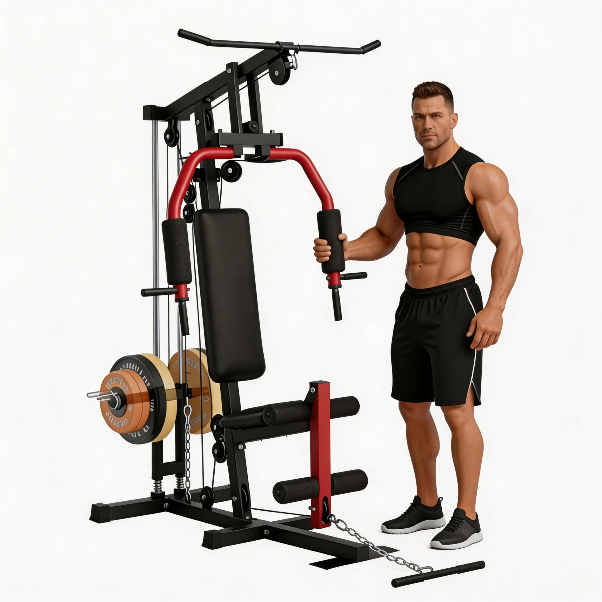 5-in-1 Home Gym Equipment - Multifunctional Strength Training Station for Full Body Workout with LAT Pulldown, Chest Press, Leg Extension & 300LB Capacity, Fits 1” & 2” Weight Plates