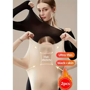 [Ultra-thin Thermal Underwear] 2pcs Ultra-thin Underwear Set, Women's Solid Color Seamless Round Neck Long-sleeved Top, Suitable for Autumn And Winter, Casual Style, Comfortable to Wear