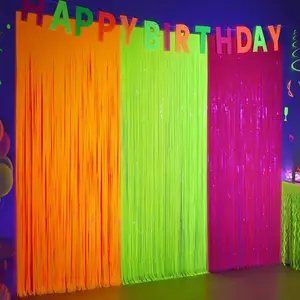 Mega-L Glow in The Dark Party Supplies, 3 Pack Neon Party Decorations 9.9 x 6.6 ft Fluorescent Tinsel Foil Fringe Curtains, Neon Backdrop Streamer for Birthday, Wedding, Graduation Party Supplies
