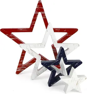 4th of July Decorations Stars Set of 4, Red White Blue Decor, Patriotic Memorial Day Star Tiered Tray Decor, Labor Day Fourth of July Decoration for Home Office Table Shelf (Retro Solid)