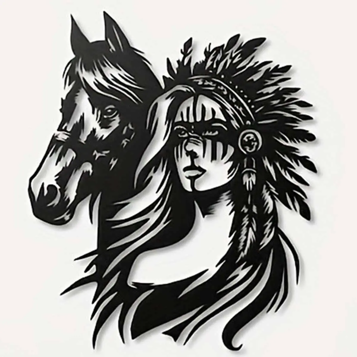 Native American Woman & Horse Metal Wall Art, Decorative Artwork, Vintage Wall Art, Animal Design, Aesthetic Design, Boho Western Decor, Wall Hanging Ornament, Home Decor for Living Room, Party Decoration, Gift for Family