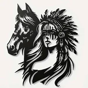 Native American Woman & Horse Metal Wall Art, Vintage Wall Art, Animal Design, Aesthetic Design, Boho Western Decor, Wall Hanging Ornament, Home Decor for Living Room, Party Decoration, Gift for Family