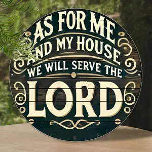 8x8 Inch Round Aluminum Wall Sign - Rustic Farmhouse Decor with "As for Me and My House We Will Serve the Lord" Inspirational Quote, Vintage Metal Sign for Living Room, Bedroom, Kitchen, Office - No Electricity Needed, Bedroom Accent Piece