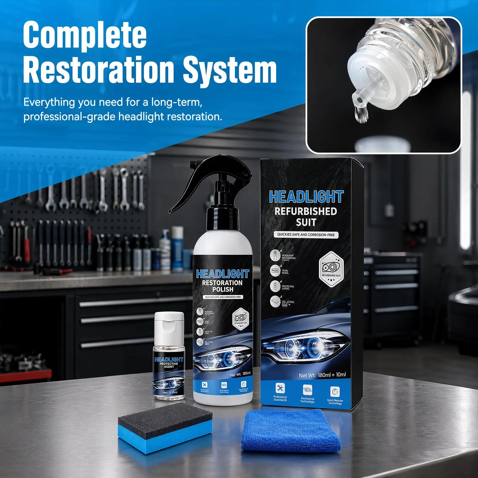 Headlight Restoration Kit, Car Headlight Cleaner and Restorer Kit, No Power Tools Required, Headlight Restoration Spray for Yellowing, Oxidation, Foggy Plastic Lenses