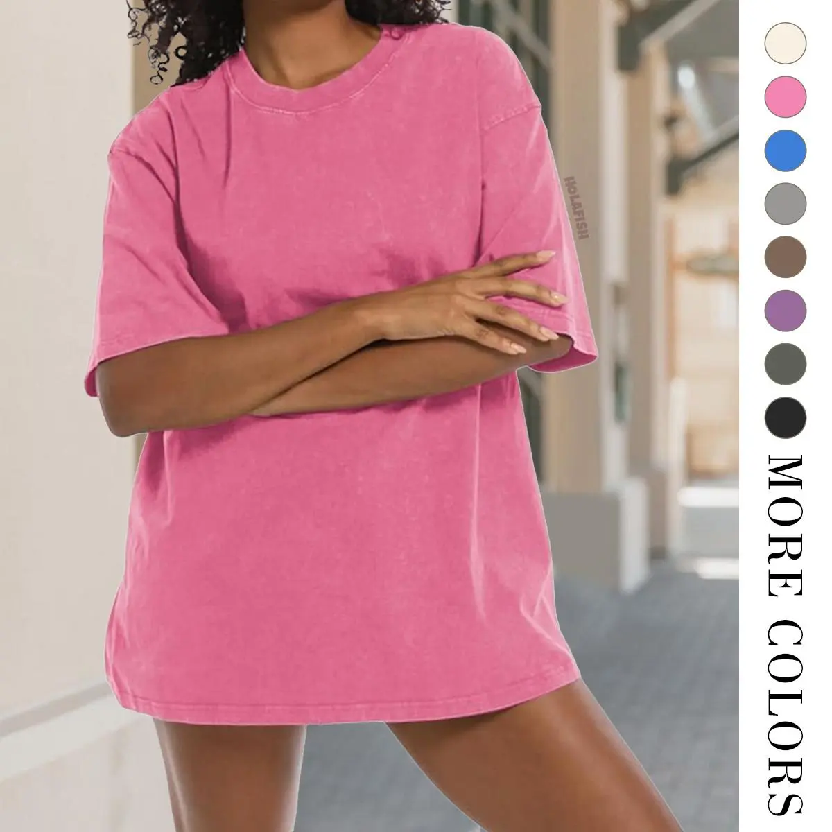 Holafish Women's Oversized Acid Washed Cotton T-Shirt, Retro Streetwear Pullover with a Loose Fit and Round Neck for All Seasons