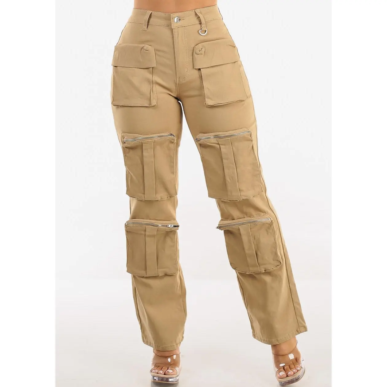Hyper Stretch Straight Wide Leg Cargo Pants Khaki