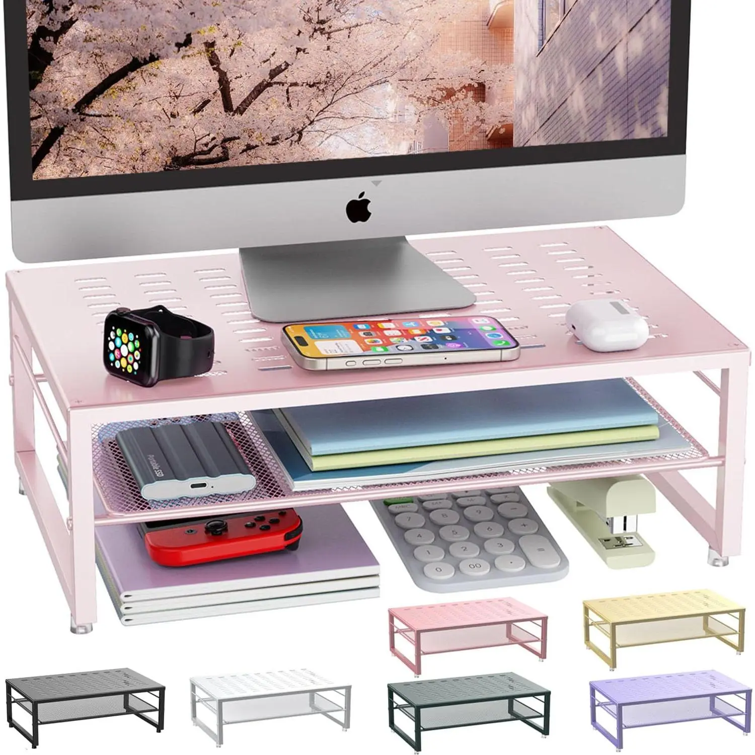 2-Tier Metal Monitor Stand Riser, Desk Accessories & Workspace Desk Organizers, Office Desk Storage Organizer for Office Supplies (Pink)