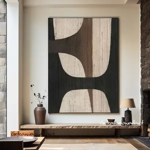 Pre-Hung Solid Pine Framed Graphic Print, Multi-Size Beige and Black Abstract Geometric Design, Neutral Minimalist Wabi Sabi Wall Art for Home Decor, Pre-Hung Frame