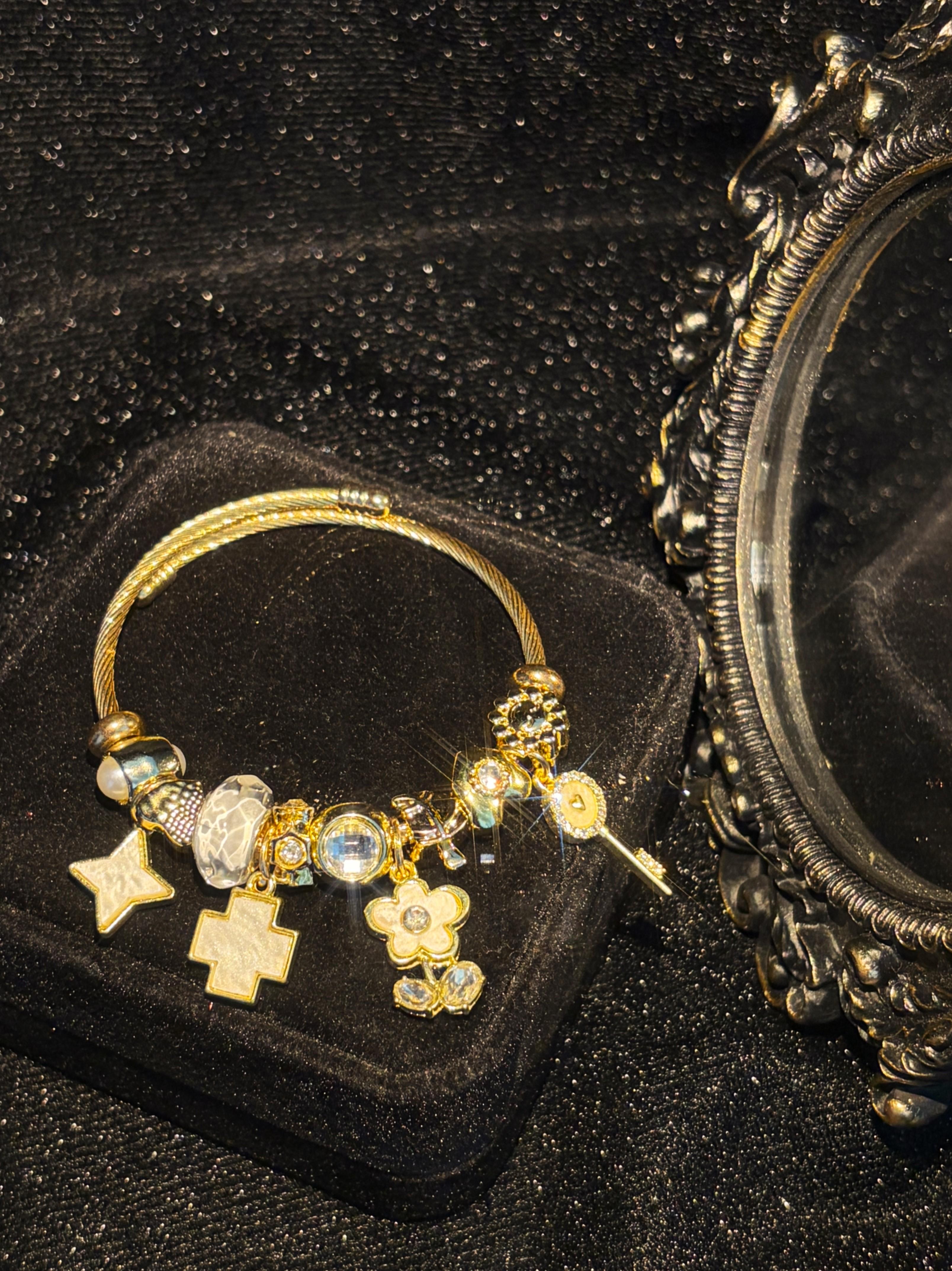 Gold-Tone Open Cuff Bangle Bracelet with Star, Cross, Flower, Key Multi-Charm Rhinestone Decor - Stackable Fashion Jewelry Gift for Women