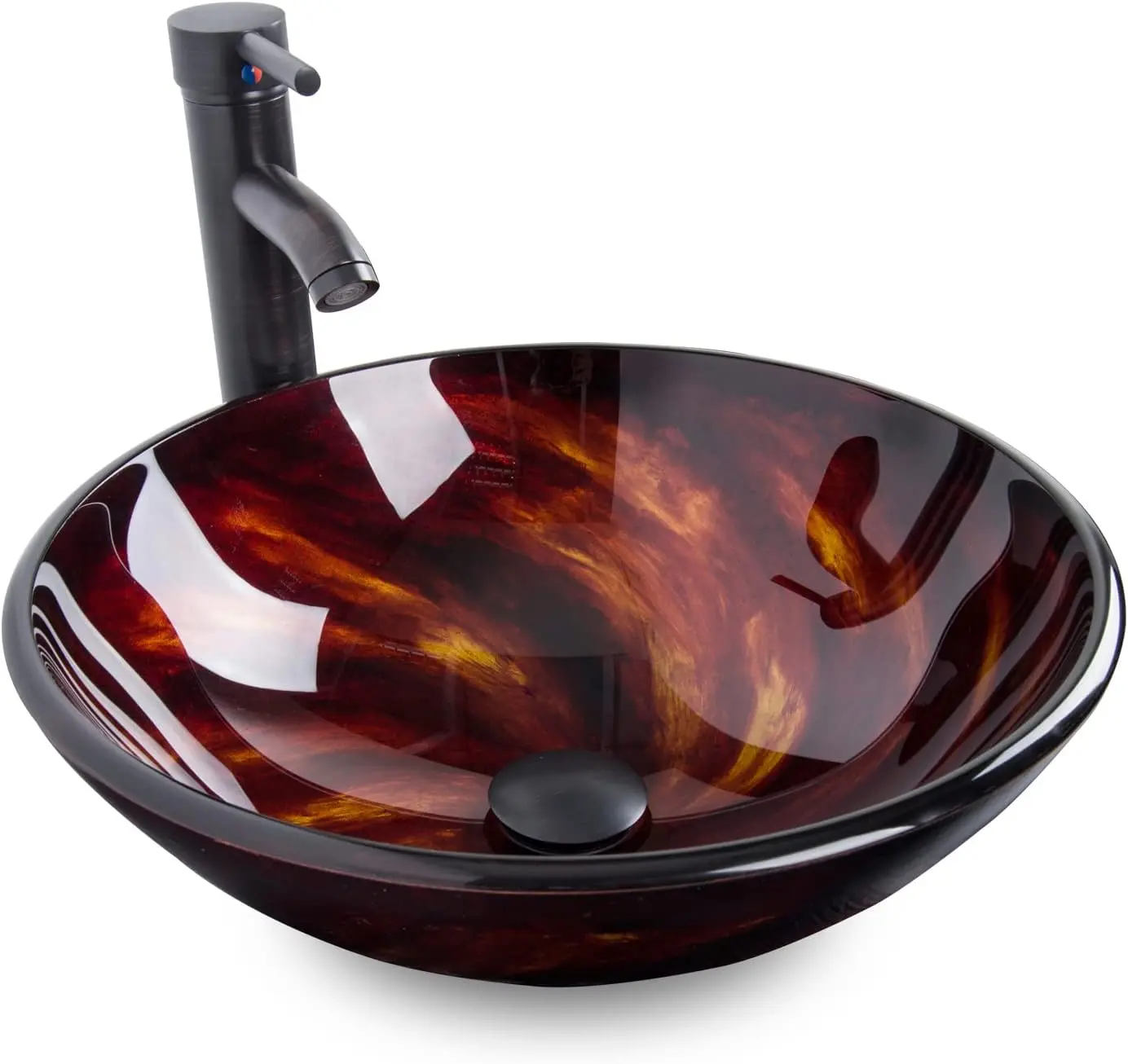 Bathroom Artistic Vessel Sink, Tempered Glass Vanity Round Bowl with Oil Rubber Bronze Faucet and Pop up drain Set, Flame Red