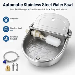 Automatic Livestock Water Bowl, Stainless Steel Float Valve Waterer with Drain, 2.5L Auto Refill Bowl for Horses, Goats, Dogs & Farm Animals,summervibes