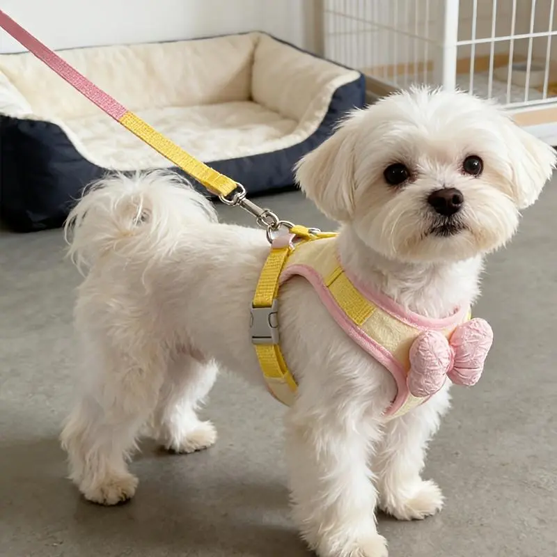 Breathable Light Yellow Soft Pink Bow Tie Pet Harness & Lead Set - Universal Dog & Cat Accessory, Battery-Free, for Everyday Use (Pet Supplies)